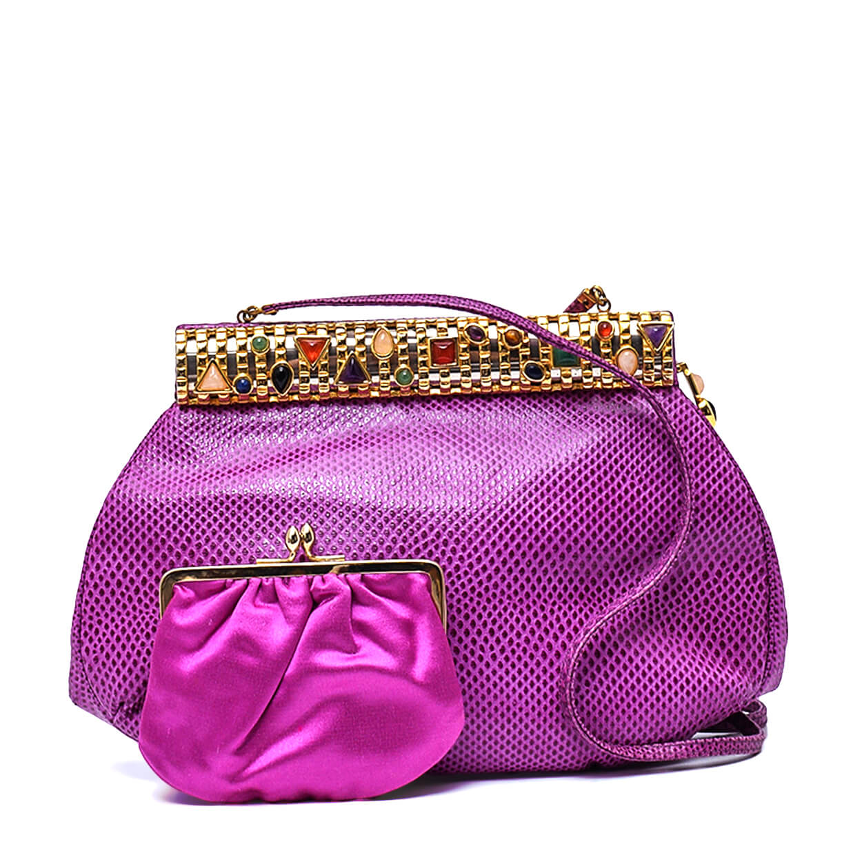 Judith Leiber - Purple Vintage Magenta Lizard Leather Multicolor Gemstone Clutch w Strap